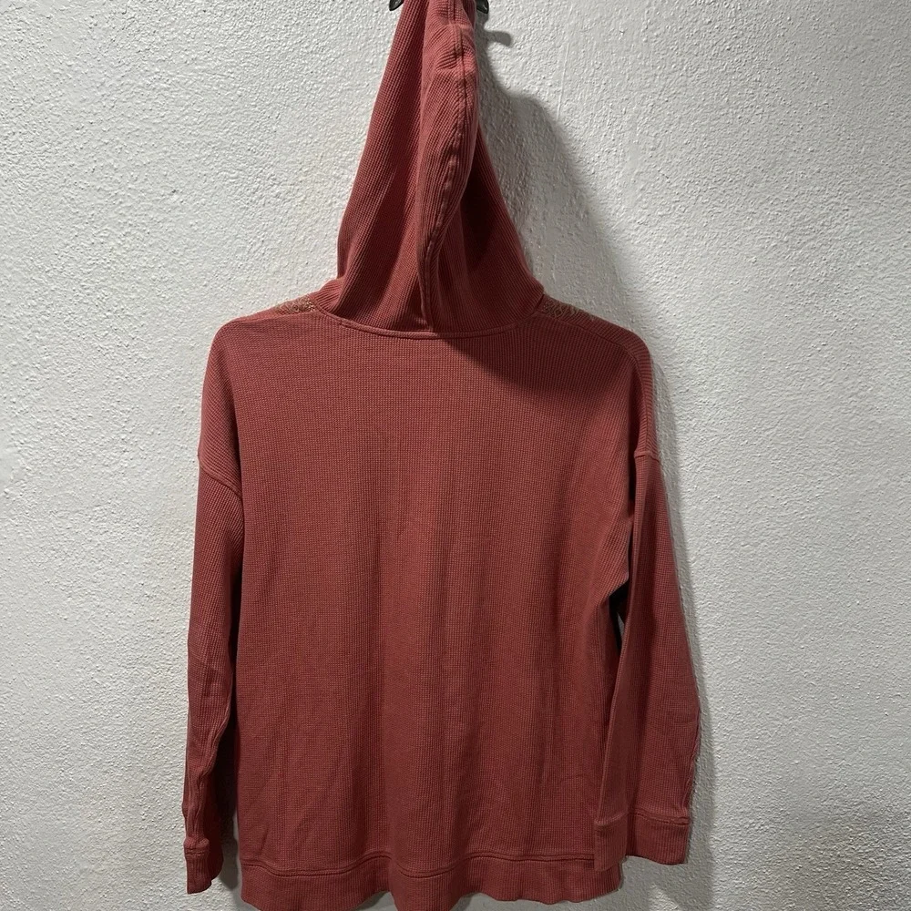 J. Jill Womens Sz M Embroidered Waffle Knit Pullover Drawstring Hoodie Dark Rose